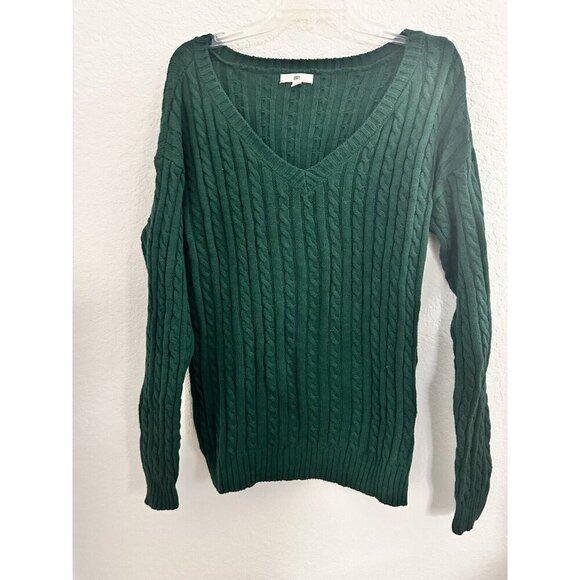 BP Womens Cable-Knit V-neck Sweater‎ Size M Emerald Green Cotton Blend Cottage - Picture 2 of 8
